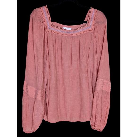 Lauren Conrad Women SZ XL Square Neck Embroidered Long Sleeve Blouse Peach - Picture 1 of 9